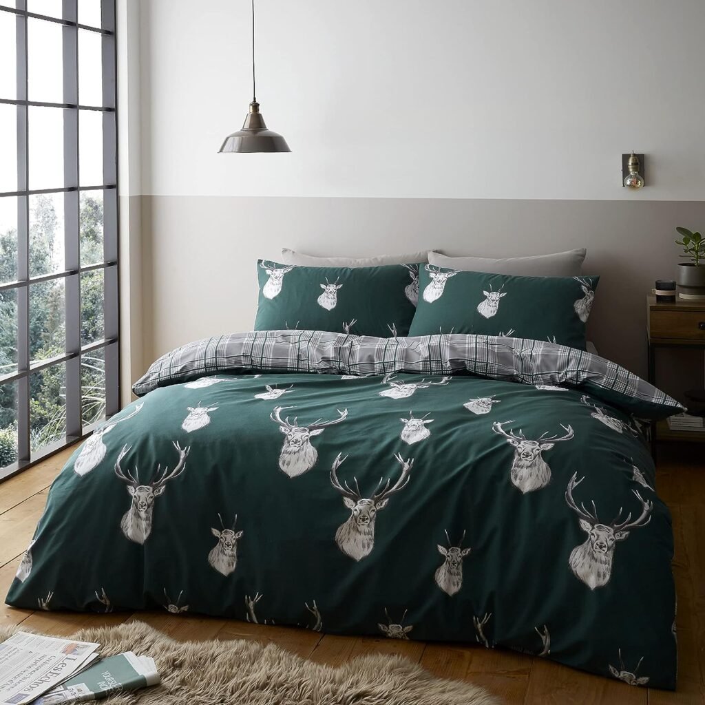 Catherine Lansfield Bedding Stag Check King Duvet Cover Set with Pillowcases Green
