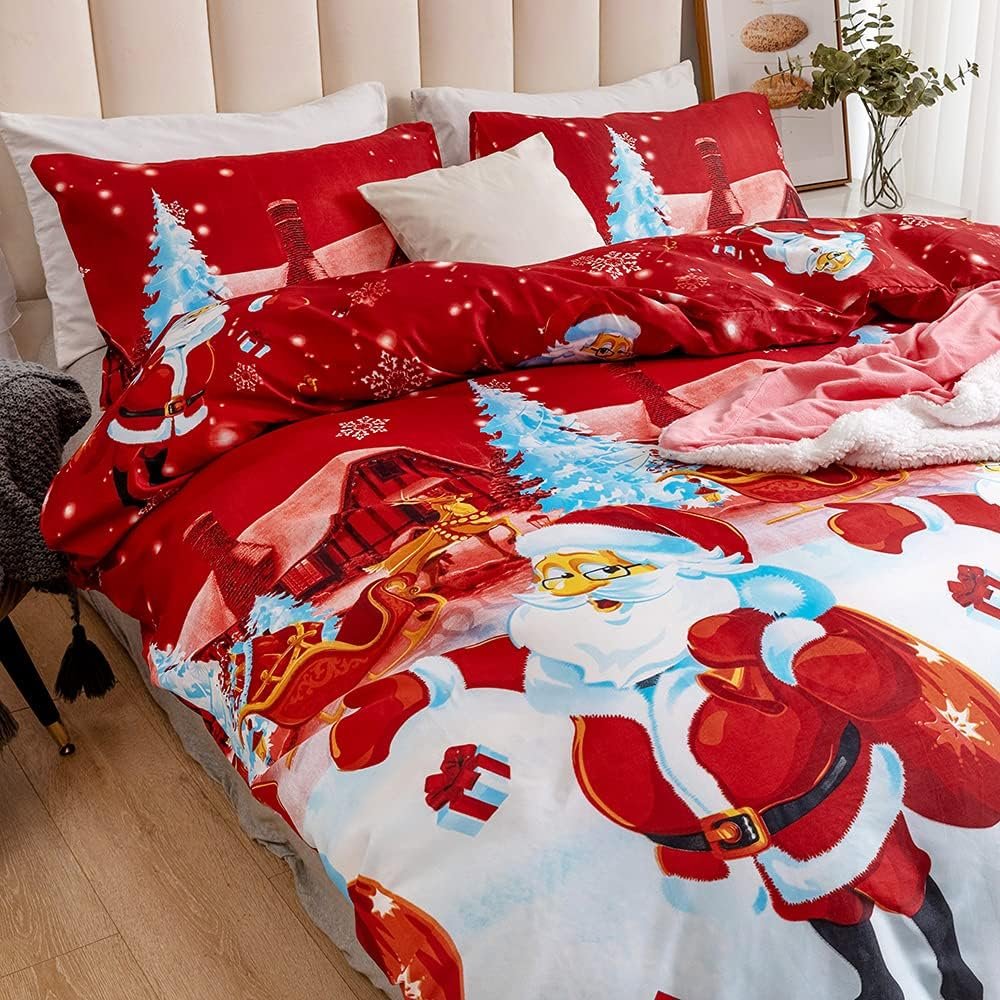 Father Christmas Duvet Cover Set Quilt Cover with Matching Pillowcases Bedding Bed Linen Multi-Colour Santa Claus Duvet Cover Set Ultra Soft Durable Design (Single)