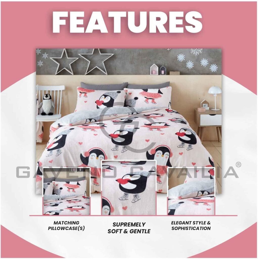 GC GAVENO CAVAILIA Fluffy Penguin Duvet Set With Pillowcase - 2 Piece Xmas Bedding Set Single Bed - Soft  Cosy Teddy Fleece Comforter Bed Set, Pink/Grey