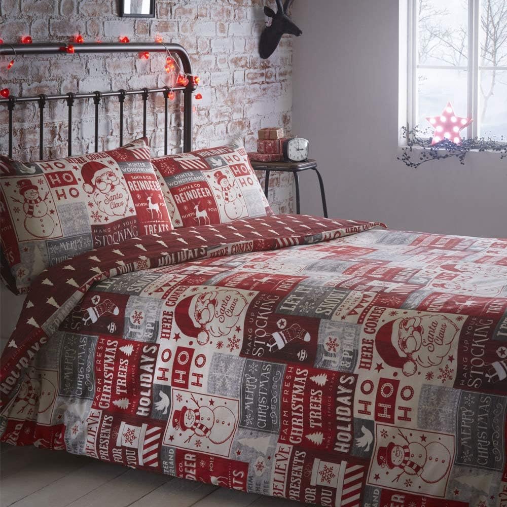 Portfolio Christmas Scrapbook Quilt Duvet Cover and 2 Pillowcases Bedding Bed Set, Red, King