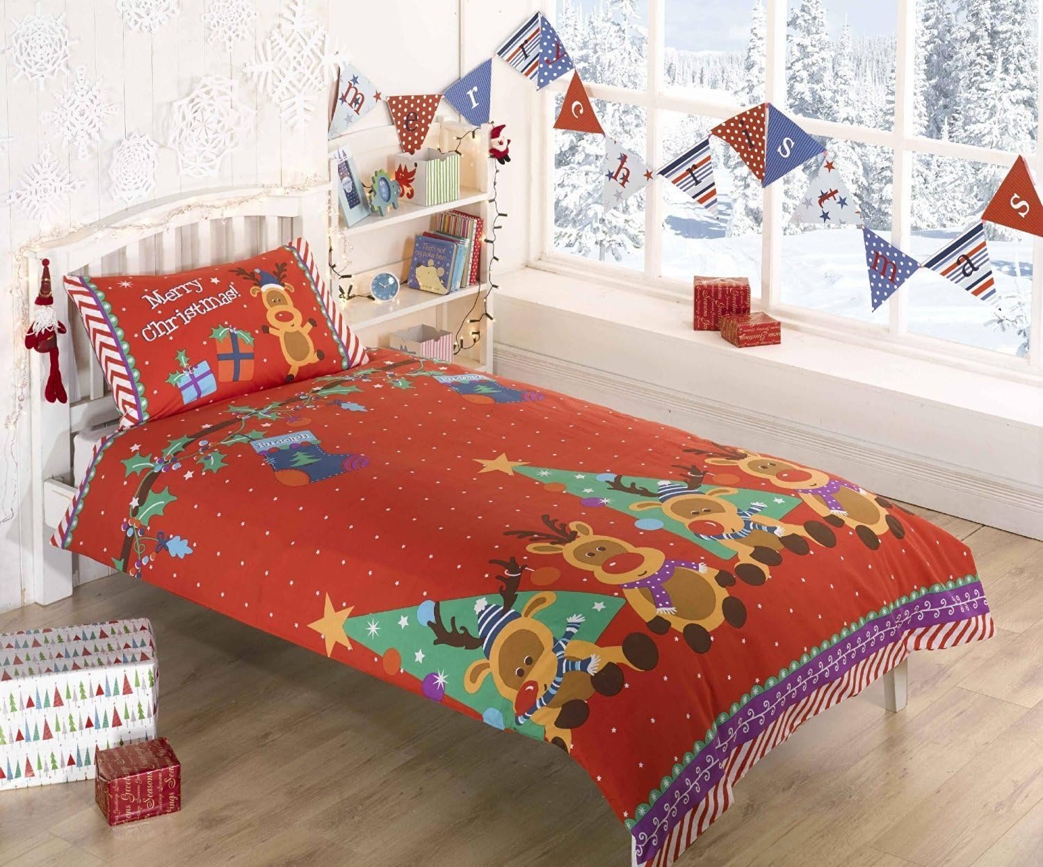 Rudolph Reindeer Christmas Kids Presents Stars Quilt Duvet Cover and Pillowcase Bedding Bed Set Review