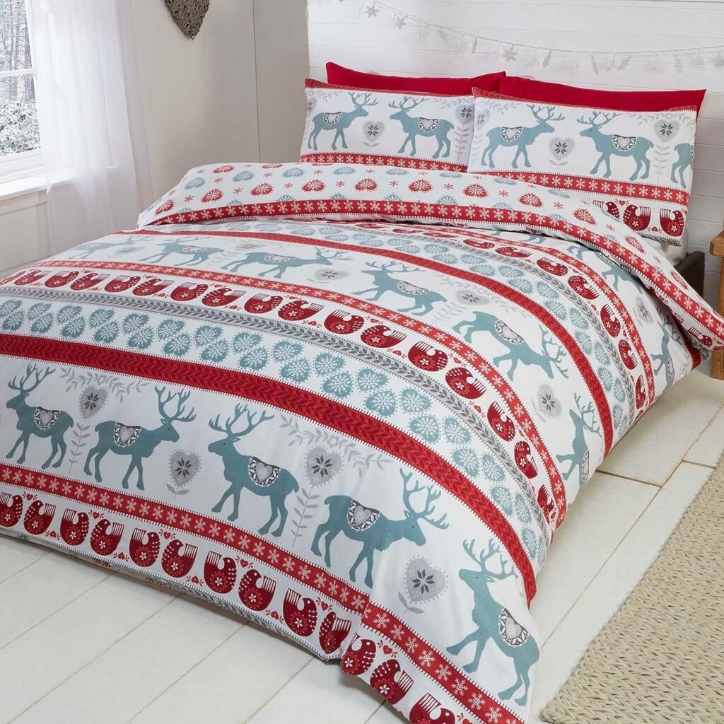 Scandi 100% Brushed Cotton Flannelette Quilt Duvet Cover and 2 Pillowcase Bedding Bed Set, Red/Multi-Colour, Double