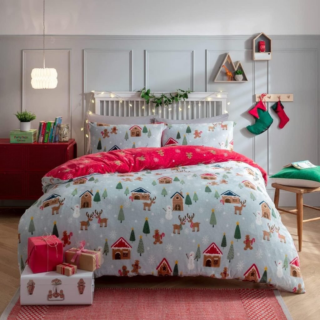 Sleepdown Christmas Scandi Scene Fleece Grey Red Reversible Thermal Warm Cosy Super Soft Duvet Cover Quilt Bedding Set with Pillow Cases Double (200cm x 200cm)