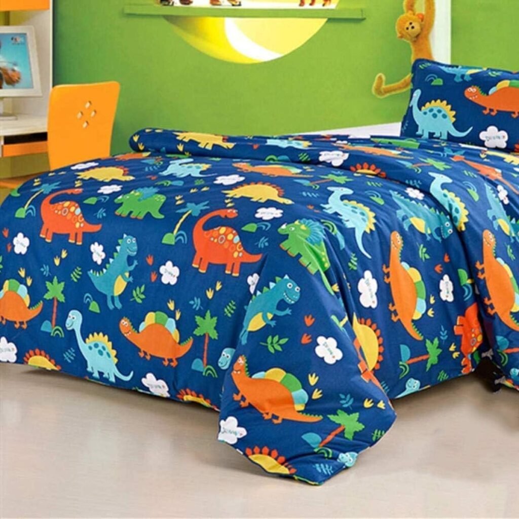 3 Pieces Dinosaur Kids Duvet Cover with 2 Pillowcases,Animal Print Bedding Set with Zipper Closure,Blue Reversible Boys Children Quilt Cover Double Size 200×200cm (No Comforter）