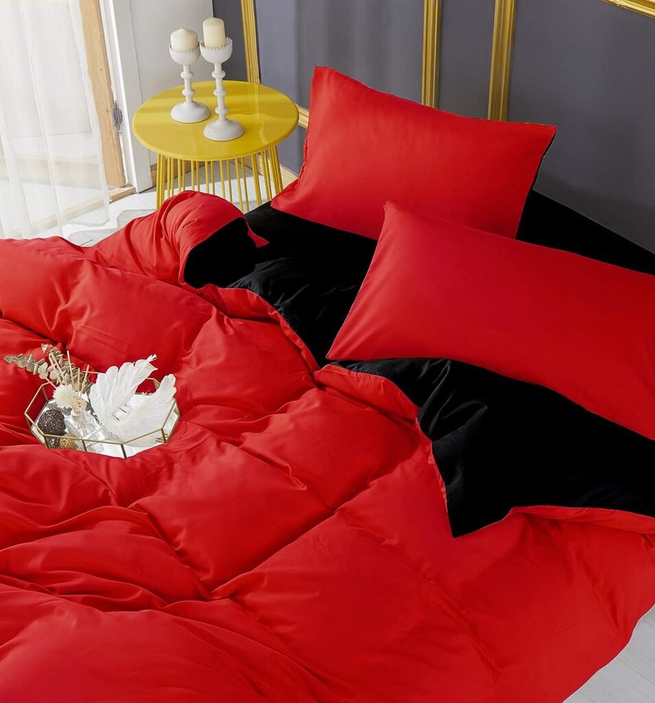 Adam Home 4PCS Complete Reversible Red Black Bedding  Fitted Sheet 6 Colors Soft Micro Fiber Plain Red Black Christmas bedding – Red Black double duvet set