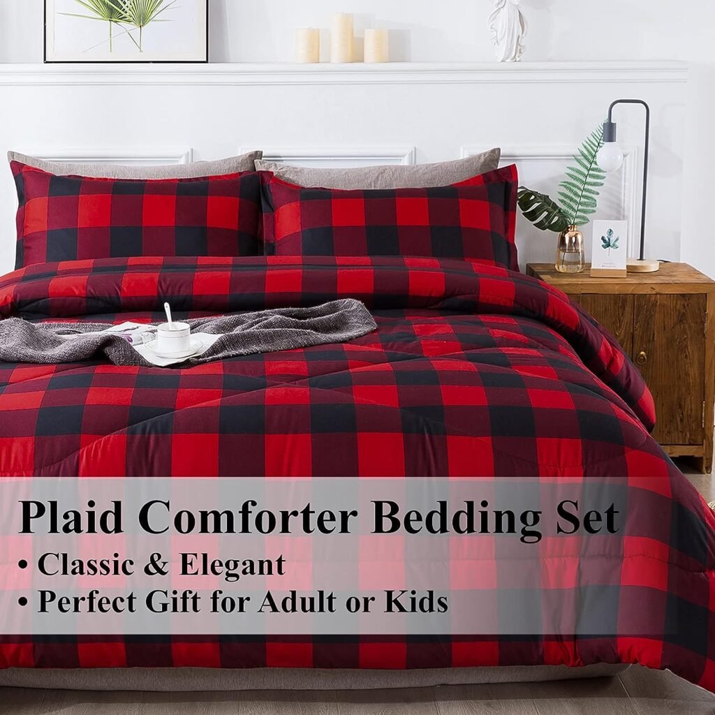 Andency Red Burgundy Black Checkered Comforter Set Queen(90x90Inch), 3 Pieces (1 Plaid Comforter and 2 Pillowcases), Lightweight Microfiber Geometric Plaid Comforter Bedding Set