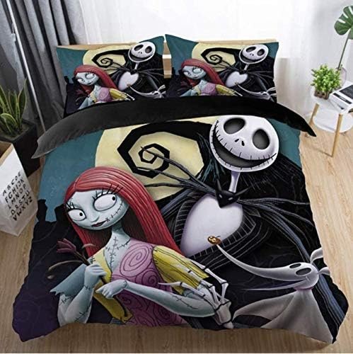 Ankeyoo Vankie Duvet Cover Sets, Nightmare Before Christmas Jack and Sally Rose Decor Bedding Set, Home Bedroom Decoration, Microfiber Fabric, No Comforter, 3pcs Queen Size