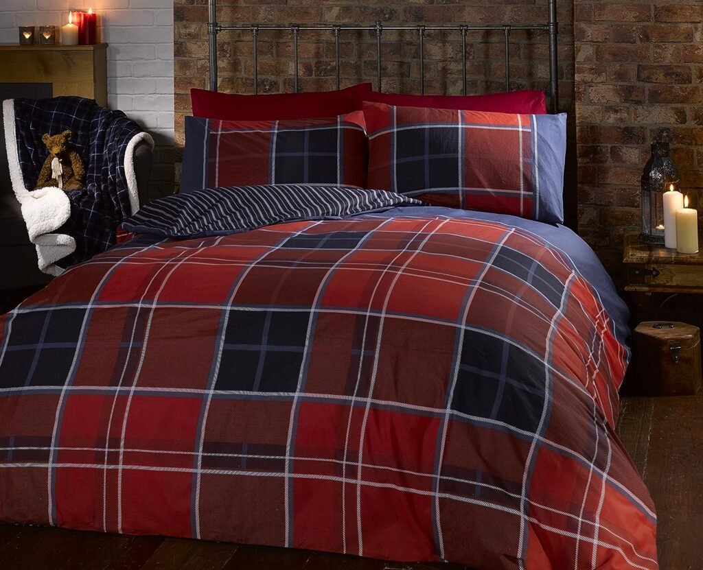 Argyle Single Quilt Duvet Cover and Pillowcase Reversible Bedding Bed Set, Tartan Check - Red