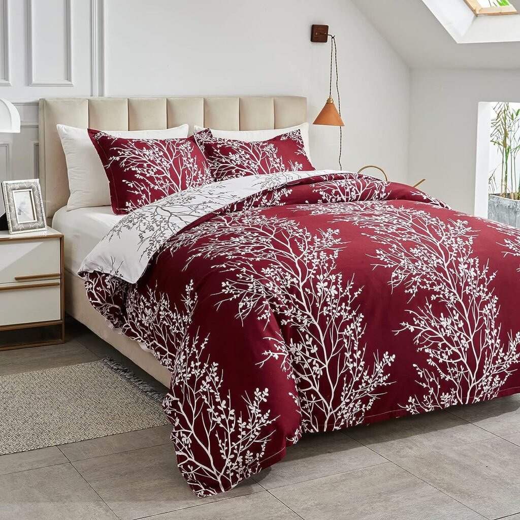 Burgundy Red Duvet Cover Set King Size Branch White Soft Christmas Bedding Set for New Year Holiday Season with 2 Pillow Shams