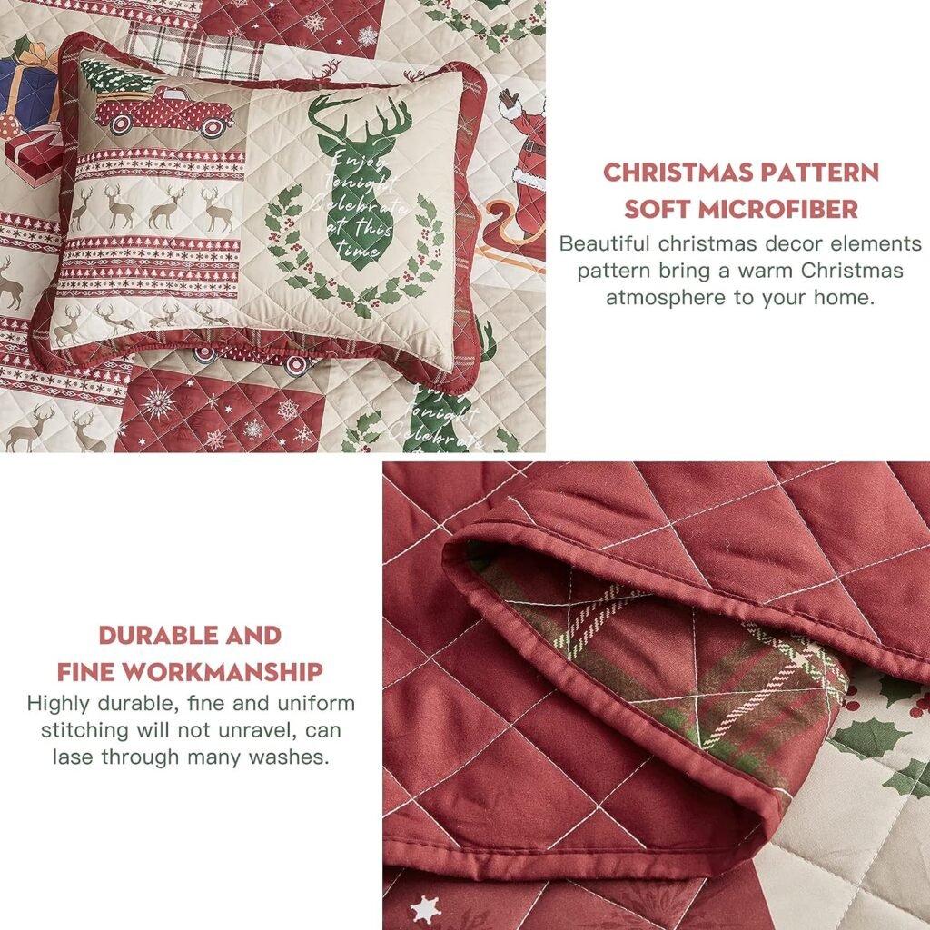 CHIXIN 4 Piece Christmas Quilt Set King, Reindeer Santa Claus Snowflake Pattern Holiday Bedding, Red Plaid Bedspread, Rustic Lodge Coverlet Set, Lightweight, Soft Microfiber, King Size