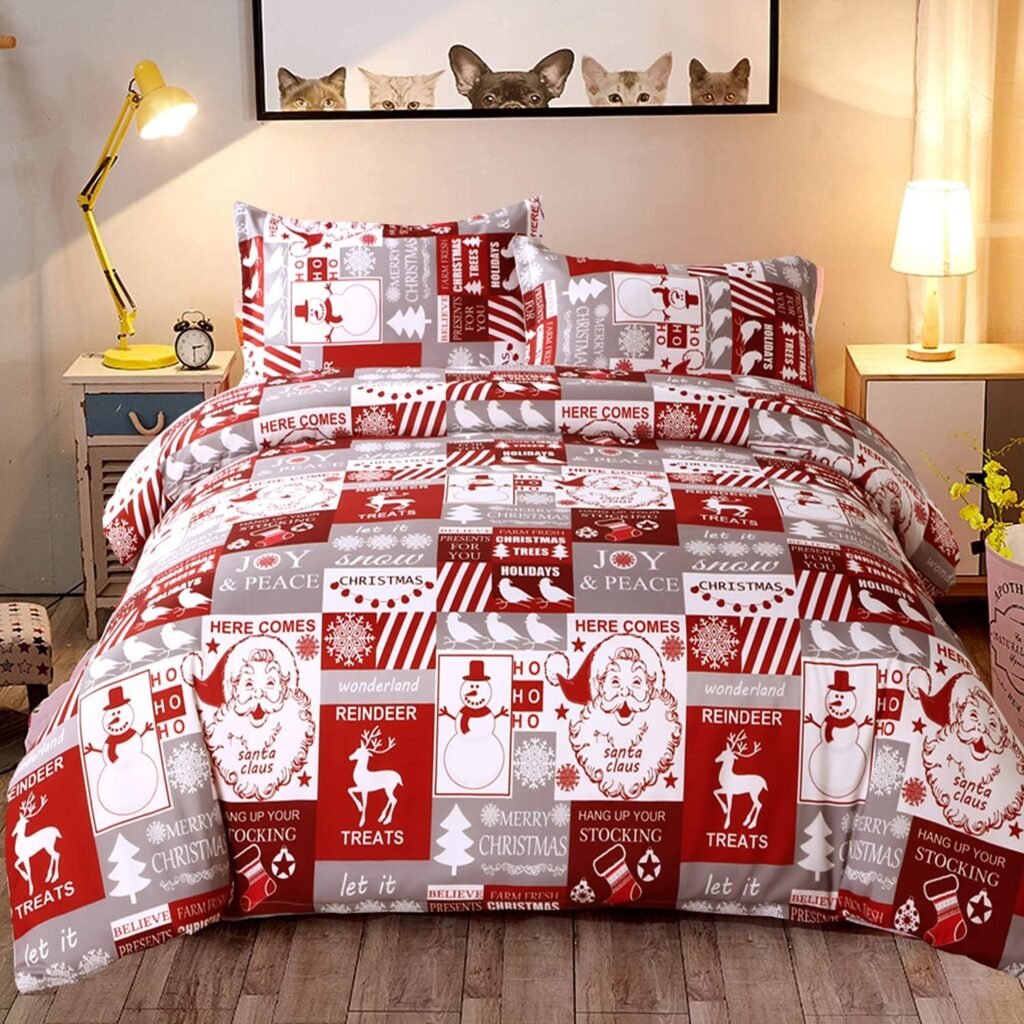 Christmas Duvet Cover Set Full Size 3 piece Kids Holiday Plaid Bedding Sets Snowman Deer Santa Claus Pattern Duvet Cover boys girls Xmas Print Soft Warm Microfiber Bed Comforter Cover For New Year