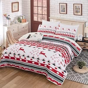 Christmas Quilt Set Twin, Reindeer Snowflake Printed Bedspread 2 Pieces Reversible Christmas Bedding Coverlet Set with 1 Pillowcases Twin 68 x86