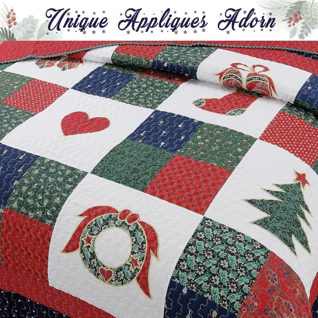 Cozy Line Home Fashions Christmas True Patchwork Wreaths Pine Tree Stockings Rustic Reversible Quilt Bedding Set, Coverlet Bedspread (Happy Christmas, King - 3 Piece)
