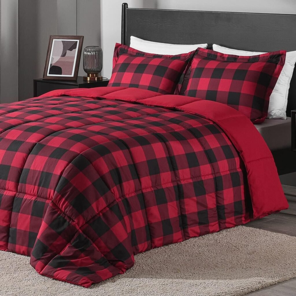 downluxe Lightweight Plaid Comforter Set (Queen) with 2 Pillow Shams - 3-Piece Set - Red/Black Plaid - Down Alternative Reversible Comforter