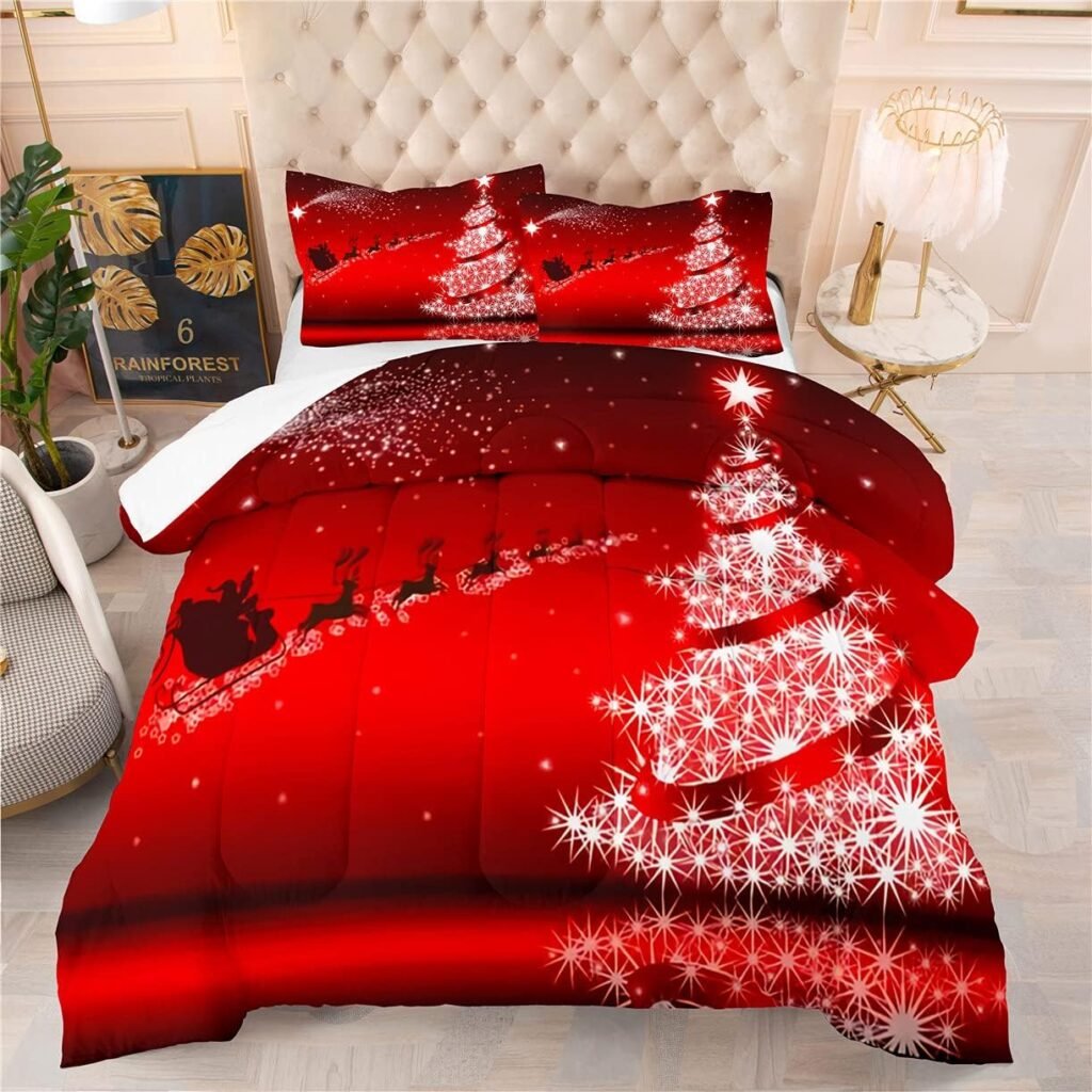EDUMEYA Christmas Comforter Set King Size Santa Claus Elk Christmas Tree Bedding Red Quilted Set 1Comforter 2Pillowcases