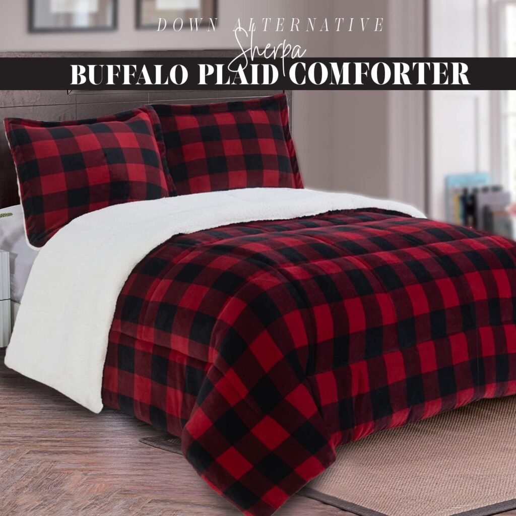 Elegant Comfort 3-Piece Buffalo Lodge-Plaid Comforter Set, Luxurious, Heavyweight, All Season, Down Alternative-Micromink Sherpa-Backing Reversible Micro-Suede, Soft and Plush, King, Burgundy/Black