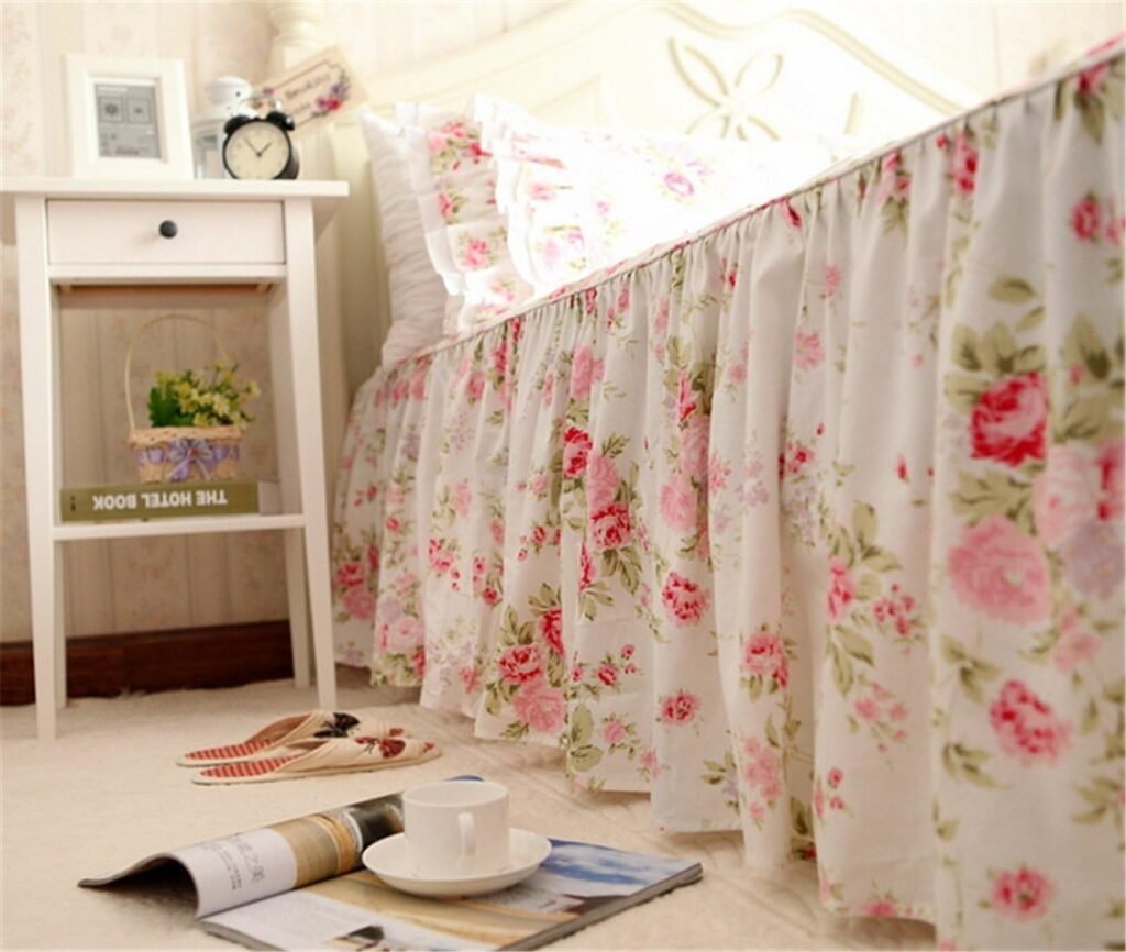 FADFAY Rose Floral Duvet Cover Set Elegant Country Style Vintage Ruffles Bedskirt with Lace Full Size