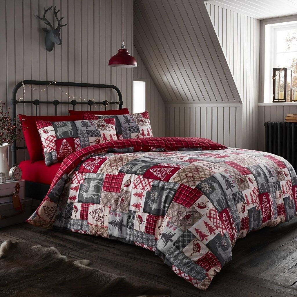 Happy Linen Company 100% Brushed Cotton Christmas Patchwork Red Double Reversible Duvet Cover Bedding Set