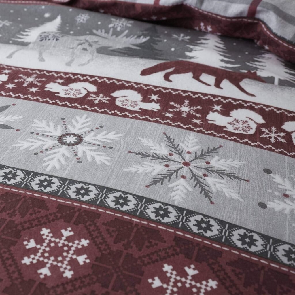 Happy Linen Company 100% Brushed Cotton Nordic Scandi Hygge Winter Warm Burgundy Double Check Reversible Duvet Cover Bedding Set