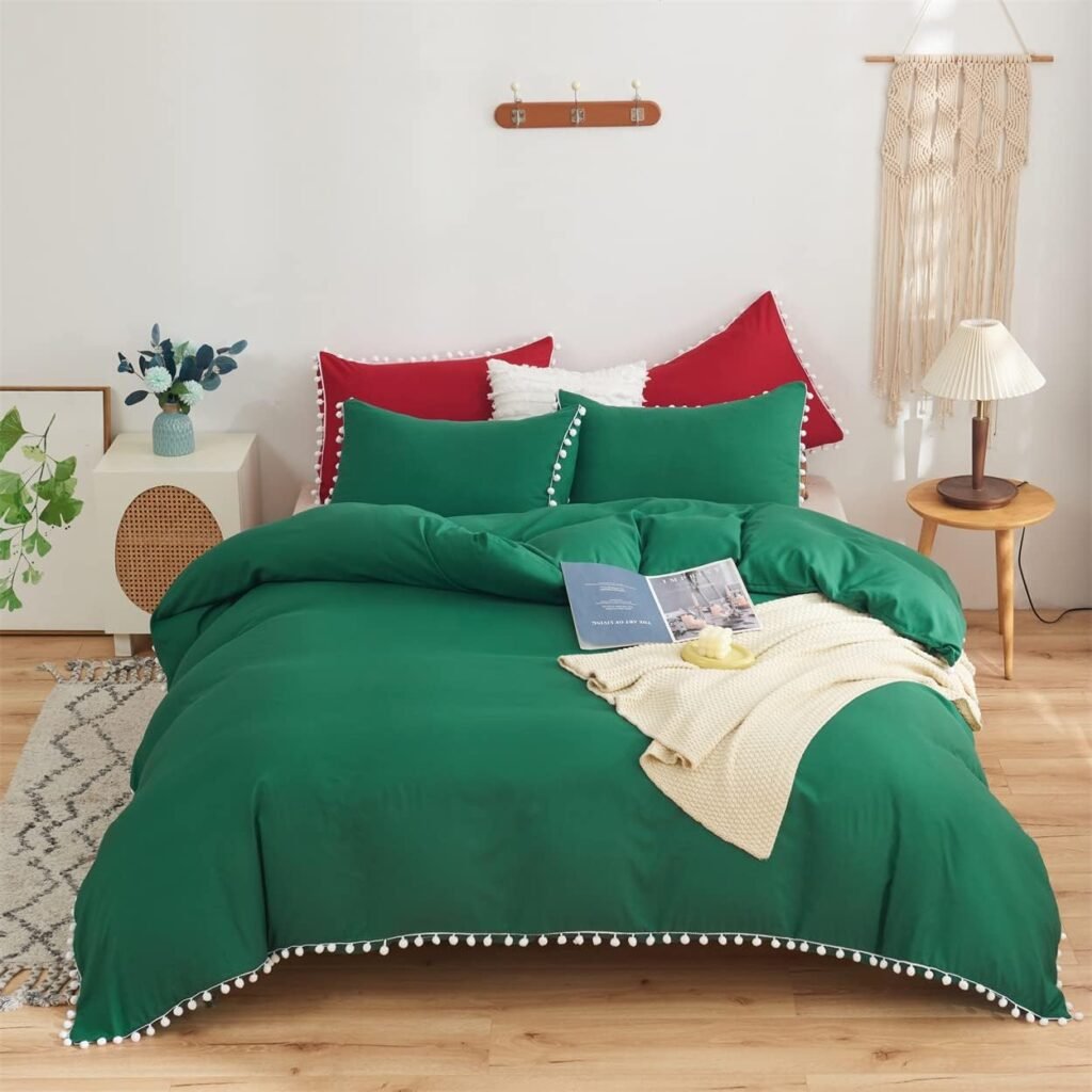 IHOUSTRIY Kids Christmas Duvet Cover Twin Size,100% Washed Microfiber 2pcs Bedding Duvet Cover Set, Pom Poms Fringe Solid Color Soft and Breathable with Zipper Closure  Corner Ties, Green - Twin