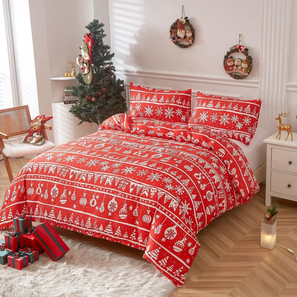 LAMEJOR Christmas Red Duvet Cover Set Twin Size Soft Holiday Decor, Christmas Theme Snowflakes/Balloons/Christmas Trees Pattern,1 Duvet Cover and 2 Pillow Cases
