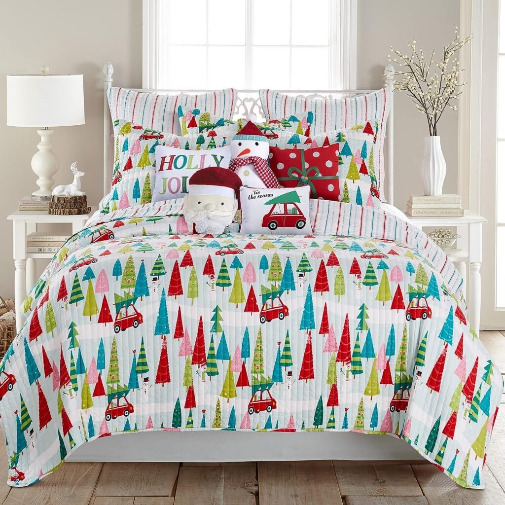 Levtex Home Merry  Bright Collecion - Holly Jolly Quilt - Full/Queen - Christmas Tree - Red Green Teal Pink - Quilt (86x86in.) - Reversible - Microfiber
