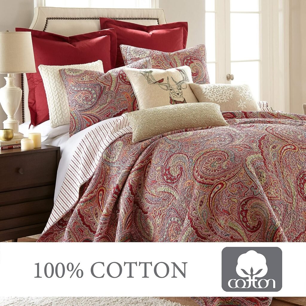 Levtex Home Spruce Red Quilt Set - King Quilt + Two King Pillow Shams - Paisley Pattern in Burgundy, Red, Tan, Grey - Quilt Size (106 x 92) and Pillow Sham Size (36 x 20)- Reversible Pattern -Cotton