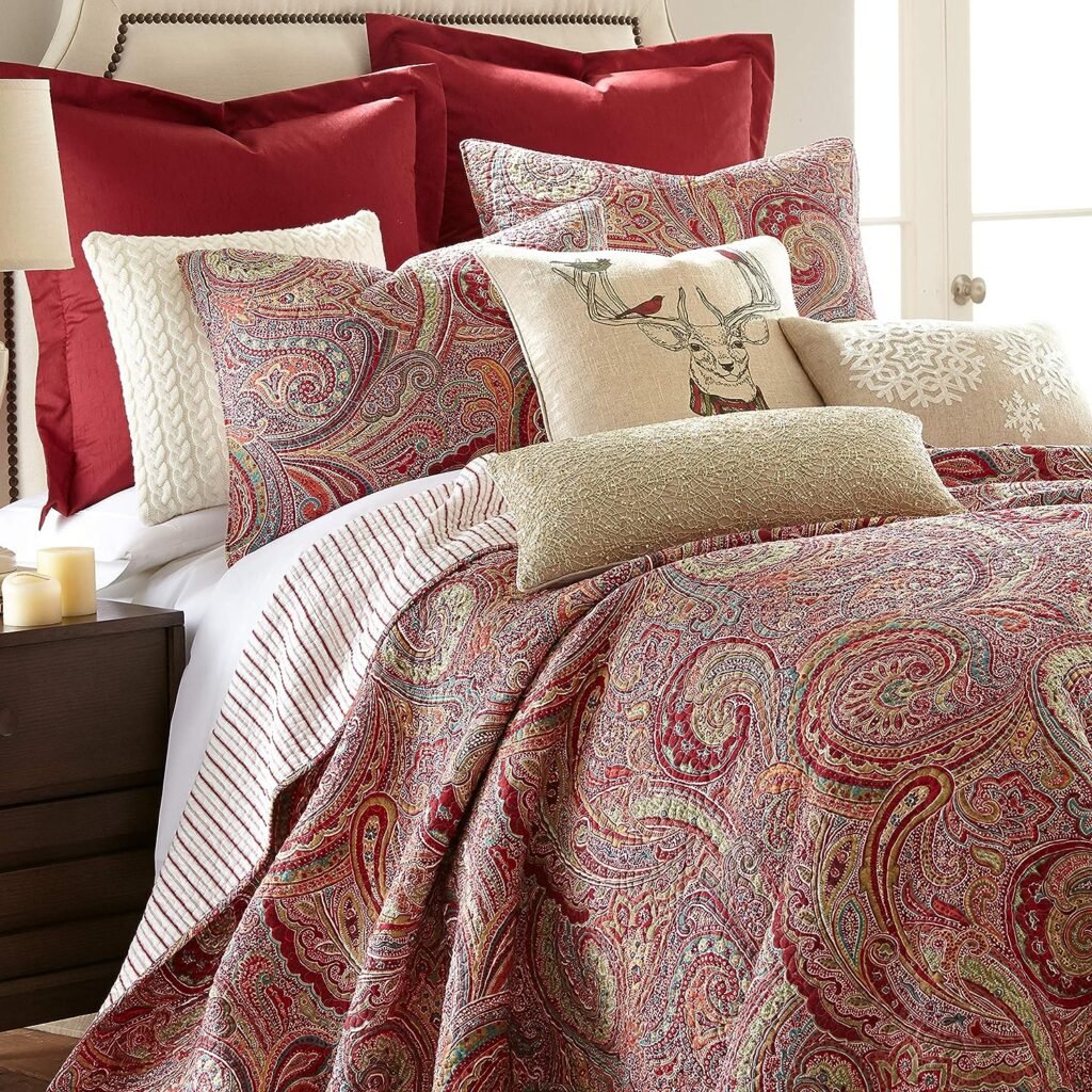 Levtex Home Spruce Red Quilt Set - King Quilt + Two King Pillow Shams - Paisley Pattern in Burgundy, Red, Tan, Grey - Quilt Size (106 x 92) and Pillow Sham Size (36 x 20)- Reversible Pattern -Cotton