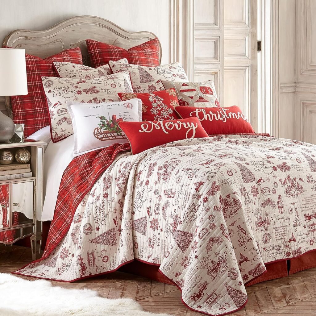 Levtex Home - Yuletide Quilt Set - King/Cal King Quilt (106x92in.) + Two King Pillow Shams (36x20in.) - Christmas Holiday Script - Red and Cream - Reversible - Cotton