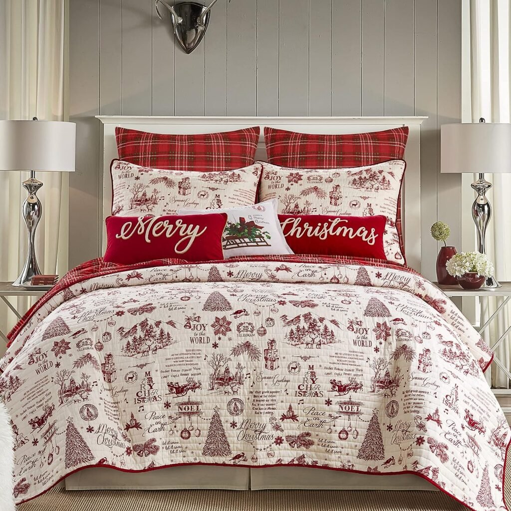 Levtex Home - Yuletide Quilt Set - King/Cal King Quilt (106x92in.) + Two King Pillow Shams (36x20in.) - Christmas Holiday Script - Red and Cream - Reversible - Cotton