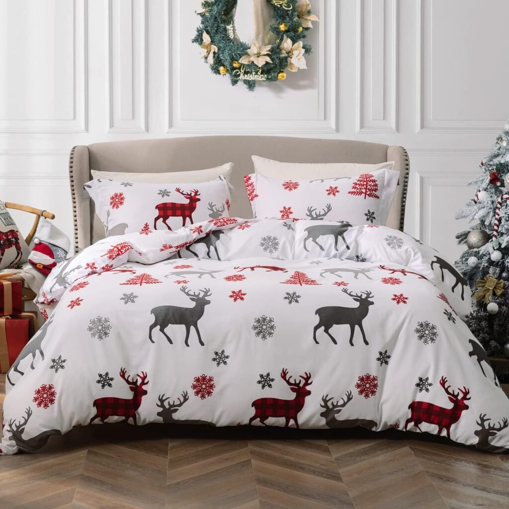 MILDLY Christmas Duvet Cover Set King Size, Christmas Tree Reindeer Snowflake Pattern Winter Theme Bedding Set 100% Brushed Microfiber Comforter Cover Set for Xmas Gifts