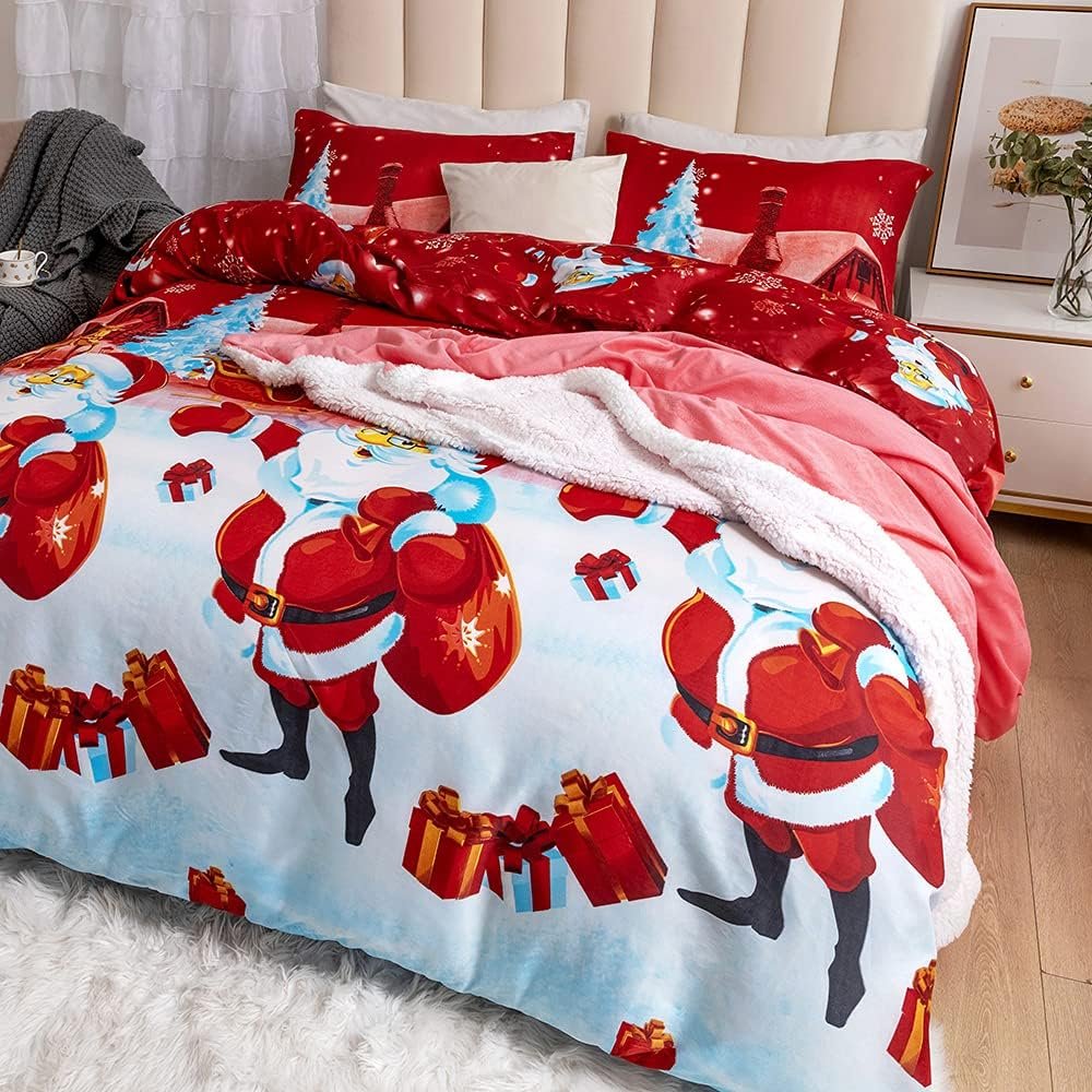 myAIMS Father Christmas Royal Santa Claus Merry Santa Xmas Duvet Quilt Cover Pillowcase Bedding Set Multi-Colour Snowman Presents Set Ultra Soft Easy Care Fancy Design (FX, Double 200x200cm)