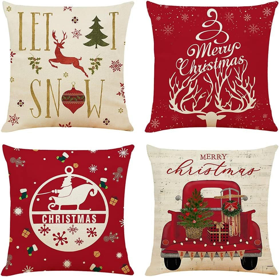 OYIMUA Set of 4 Decorative Cushion Covers 40 x 40 cm Christmas Linen Deer Cushion Covers 16 x 16 inches Red Square Pillow Case for Outdoor Furniture Garden Living Room Sofa Farmhouse Decor
