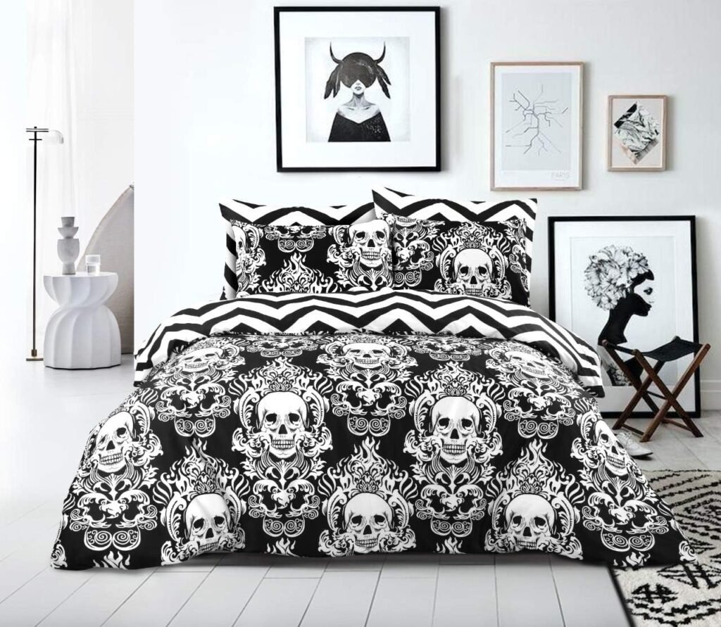 Seventhstitch Gothic Skull Duvet Cover Super King Size Animal Printed Bedding Set 100 Percent Cotton Bed Sets Halloween Baroque Reversible Quilt Covers with Pillowcases (Super King), Black (MH123)