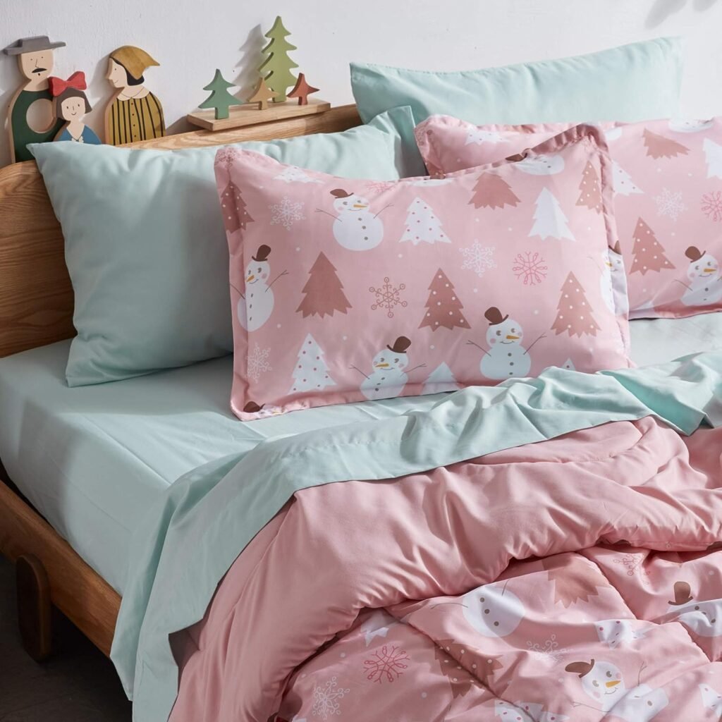 SLEEP ZONE Kids Twin Bedding Comforter Set - Super Cute  Soft Kids Bedding 5 Pieces Set with Comforter, Sheet, Pillowcase  Sham (Pink Snowman)
