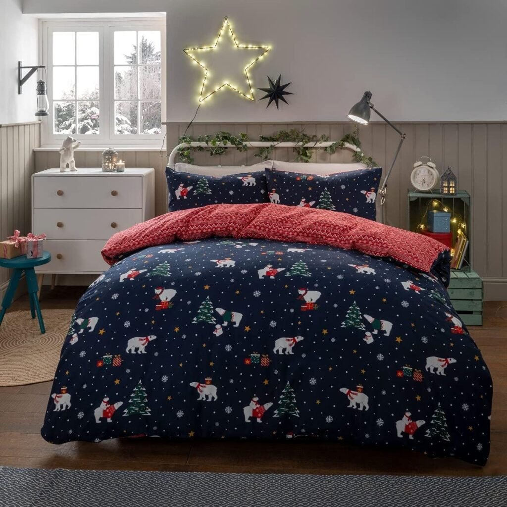 Sleepdown Christmas Polar Bears Navy Red Reversible Duvet Cover Quilt Bedding Set with Pillowcases Warm Cosy Thermal Soft Flannelette 100% Brushed Cotton - Double (200cm x 200cm)