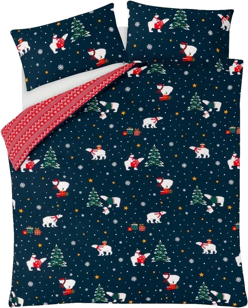 Sleepdown Christmas Polar Bears Navy Red Reversible Duvet Cover Quilt Bedding Set with Pillowcases Warm Cosy Thermal Soft Flannelette 100% Brushed Cotton - Double (200cm x 200cm)