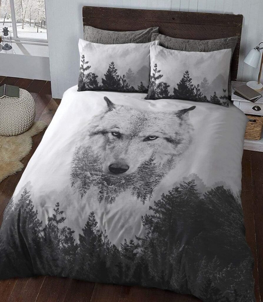 Sleepdown Duvet Cover Set - Multi Colour - Wolf Panel Animal Winter – Luxury Reversible Quilt Cover Easy Care Bed Linen Soft Cosy Bedding Sets Pillowcases - King (230cm x 220cm)