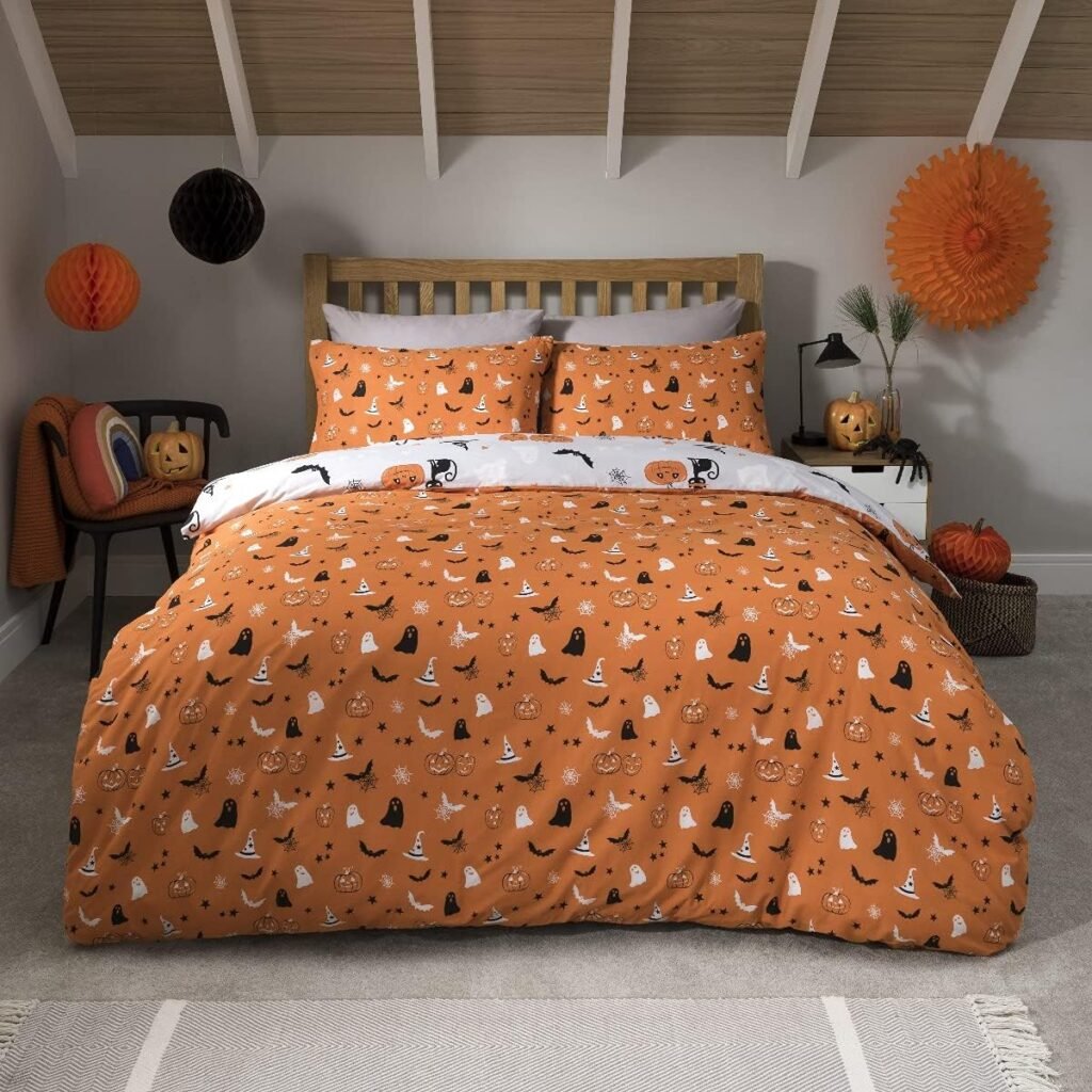 Sleepdown Halloween Pumpkins Multi Reversible Soft Easy Care Duvet Cover Quilt Bedding Set with Pillowcase - Single (135cm x 200cm)