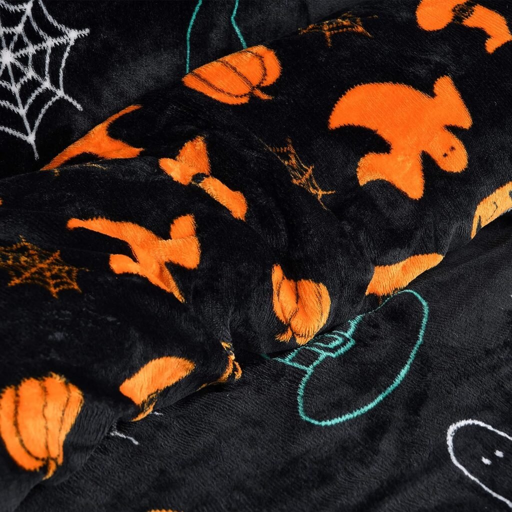 Sleepdown Halloween Spooky Ghost Black Orange Flannel Fleece Reversible Duvet Cover Quilt Bedding Set with Pillowcase Warm Soft Easy Care Bed Linen - Single (135cm x 200cm)