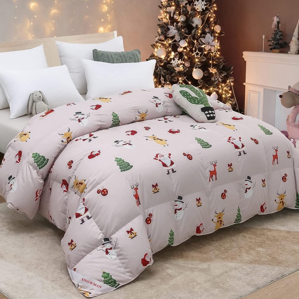 SNOWMAN Christmas Collection 75% Down Comforter King, Ultra-Soft All-Season Bedding Comforter with Christmas Printing, Down Proof Cotton Blended Fabric and 3D Baffle Box Construction (Pink, 106”x90”)