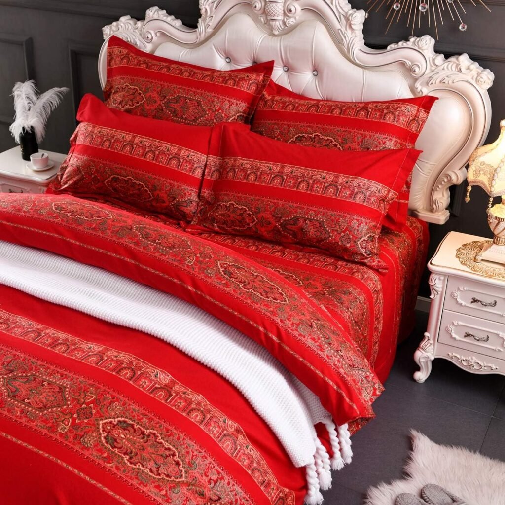 USTIDE Red Exotic Boho Duvet Cover Set Bohemian Bedding Set 100% Cotton Bedding Double Size