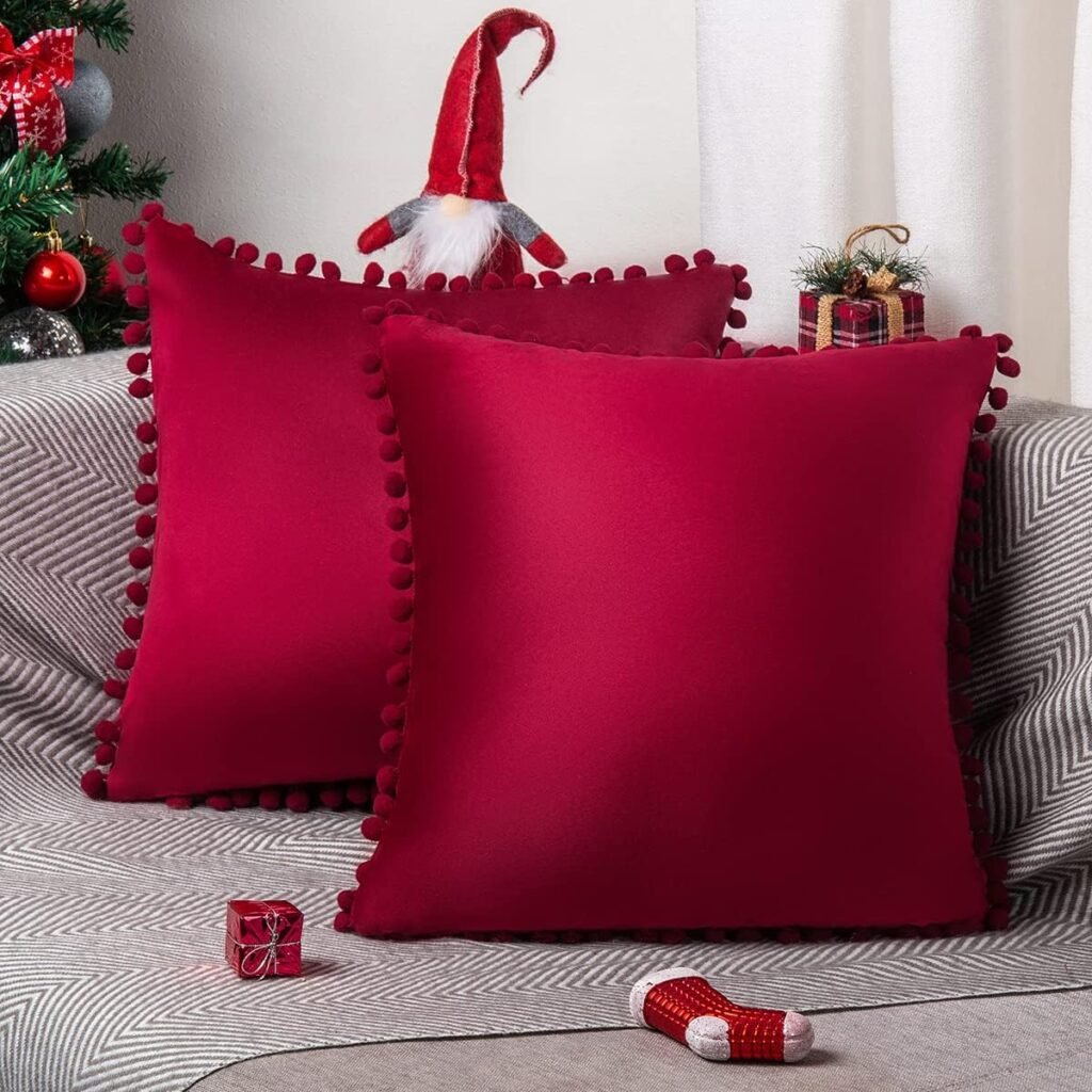 Velvet Cushion Cover 45 x 45 Set of 2 ORANIFUL Square Christmas Pillowcase with Pom Poms Decorative Throw Pillow Cases for Sofa Couch Bed Home Decor Car 18x18 Inches Red
