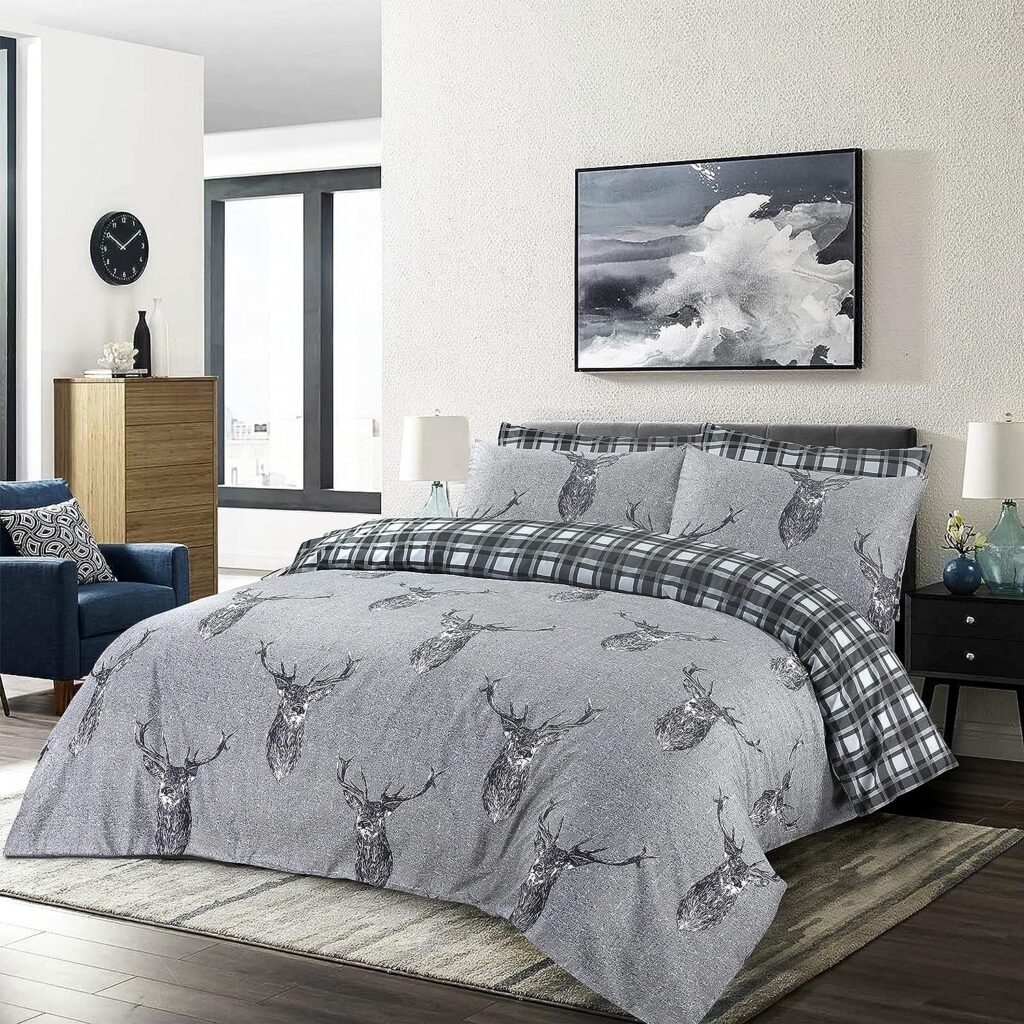 Animal Duvet Cover Set 100% Cotton Rich - Stag Head Printed Reversible Quilt Covers - Silver Grey Charcoal Bedding Bed Sets with Pillow Cases Double King Super King (Stag Silver, King)