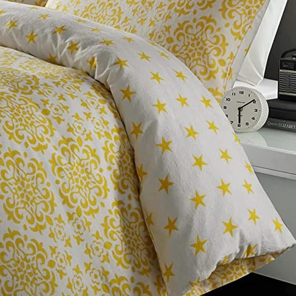 ED Flannelette Printed Duvet Cover Set | 100% Brushed Cotton Flannel Fleece | Reversible Bedding Quilt With Pillowcase (Yellow Stars, King Size)