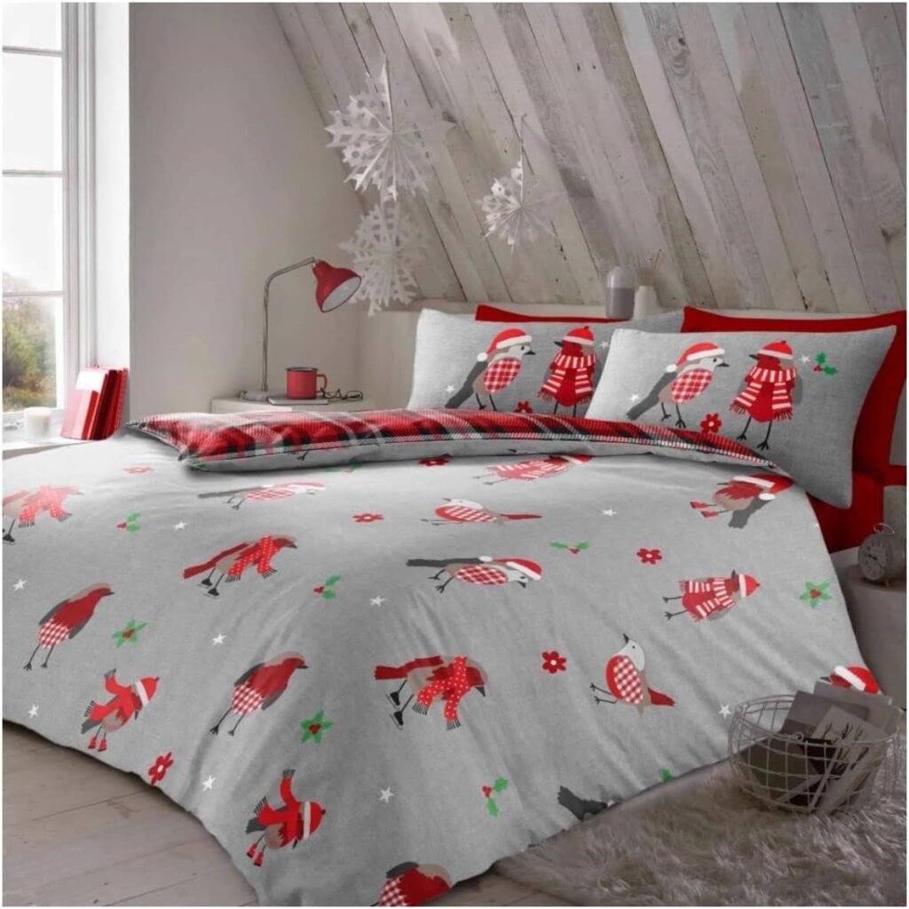 GC GAVENO CAVAILIA 100% Brushed Cotton Duvet Cover, Printed Flannelette Bedding Set, Reversible Bed Covers, Grey/Red, King