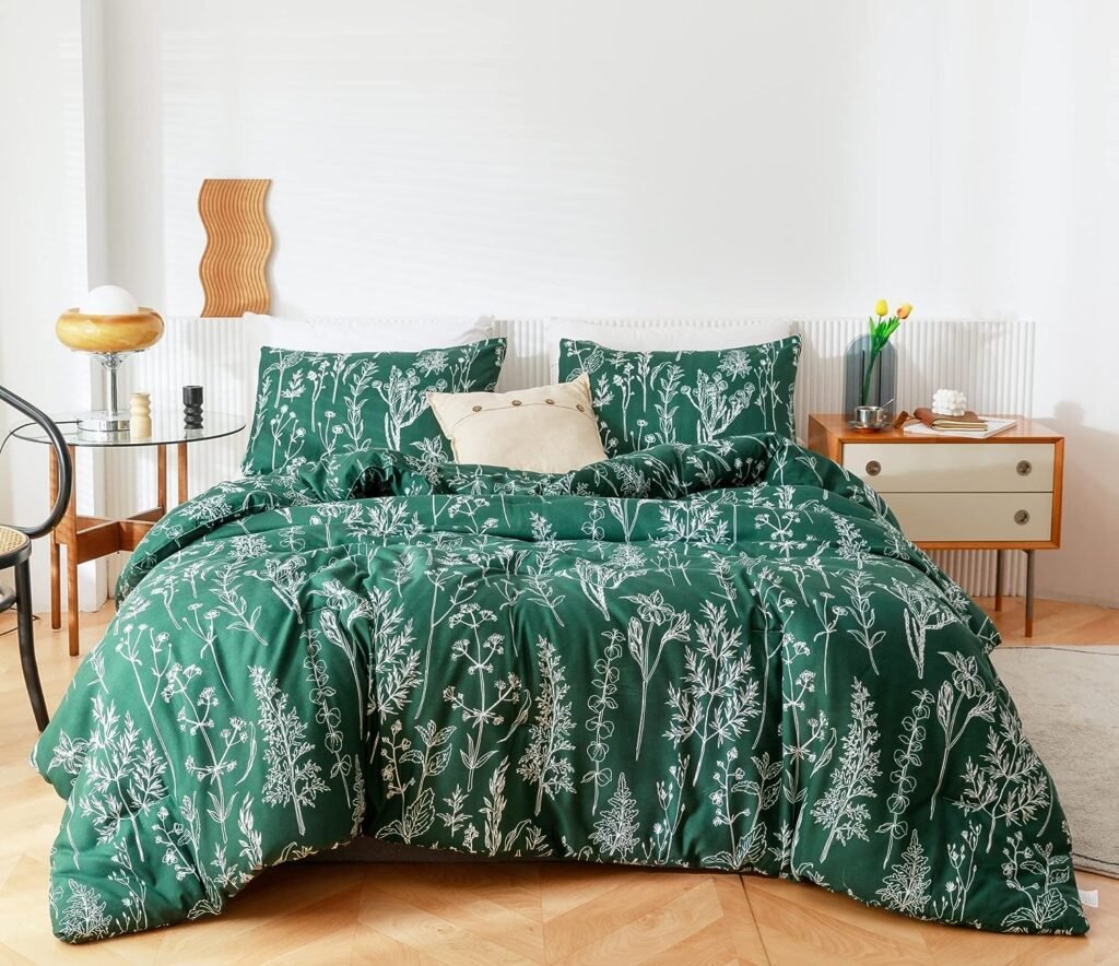 JANZAA Duvet Cover Queen Size,3 Pieces Floral Emerald, Botanical Green Duvet Cover,Microfiber Soft Bedding Set with Zipper Closure 4 Ties (2 Pillow Cases)