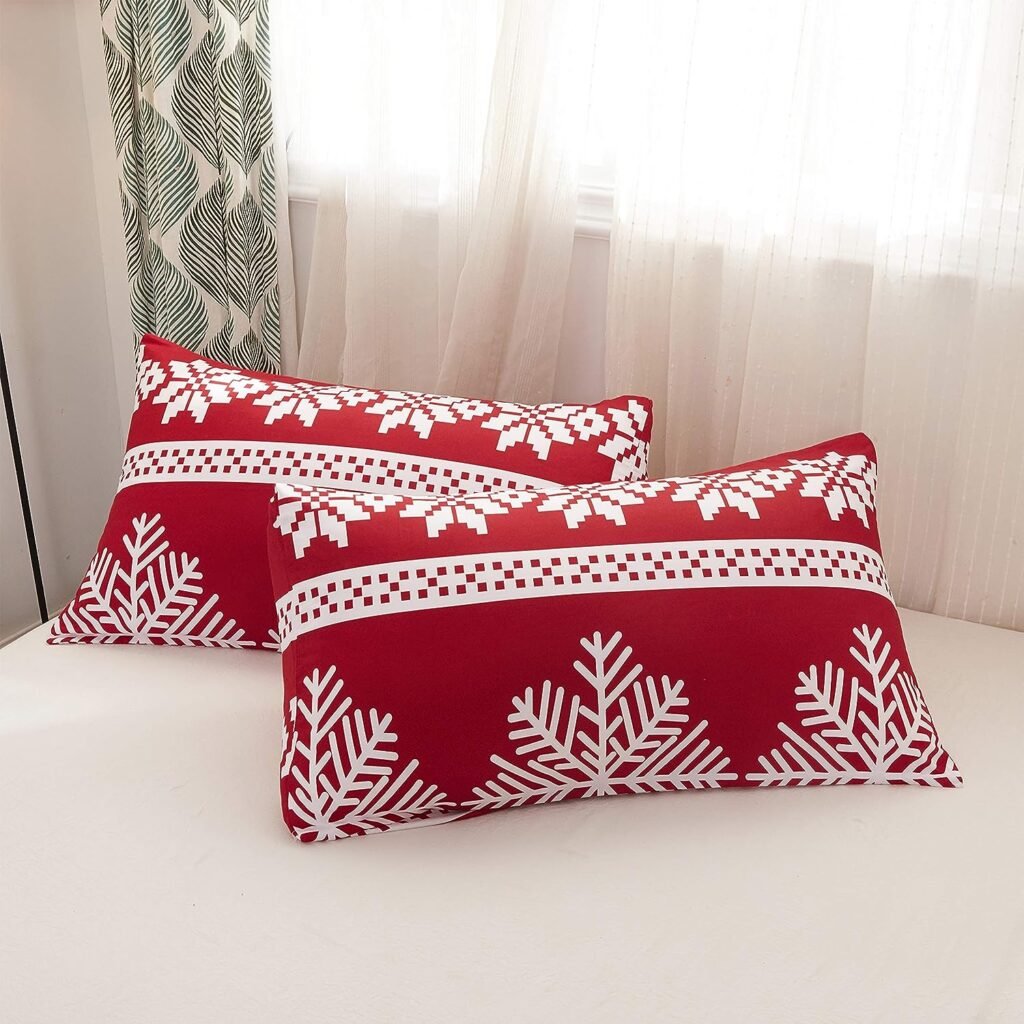 LAMEJOR Christmas Duvet Cover Set Queen Size Snowflake Decor Red Bedding Set Luxury Holiday Decoration(1 Duvet Cover+2 Pillowcases)