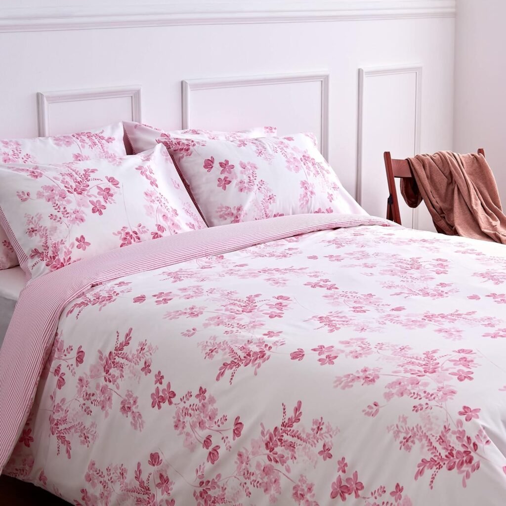 LERUUM King Size Duvet Cover Bedding Set Cotton Reversible Floral Stripes Pattern Pink White Quilt Case Bed Set (Pink Kingsize)