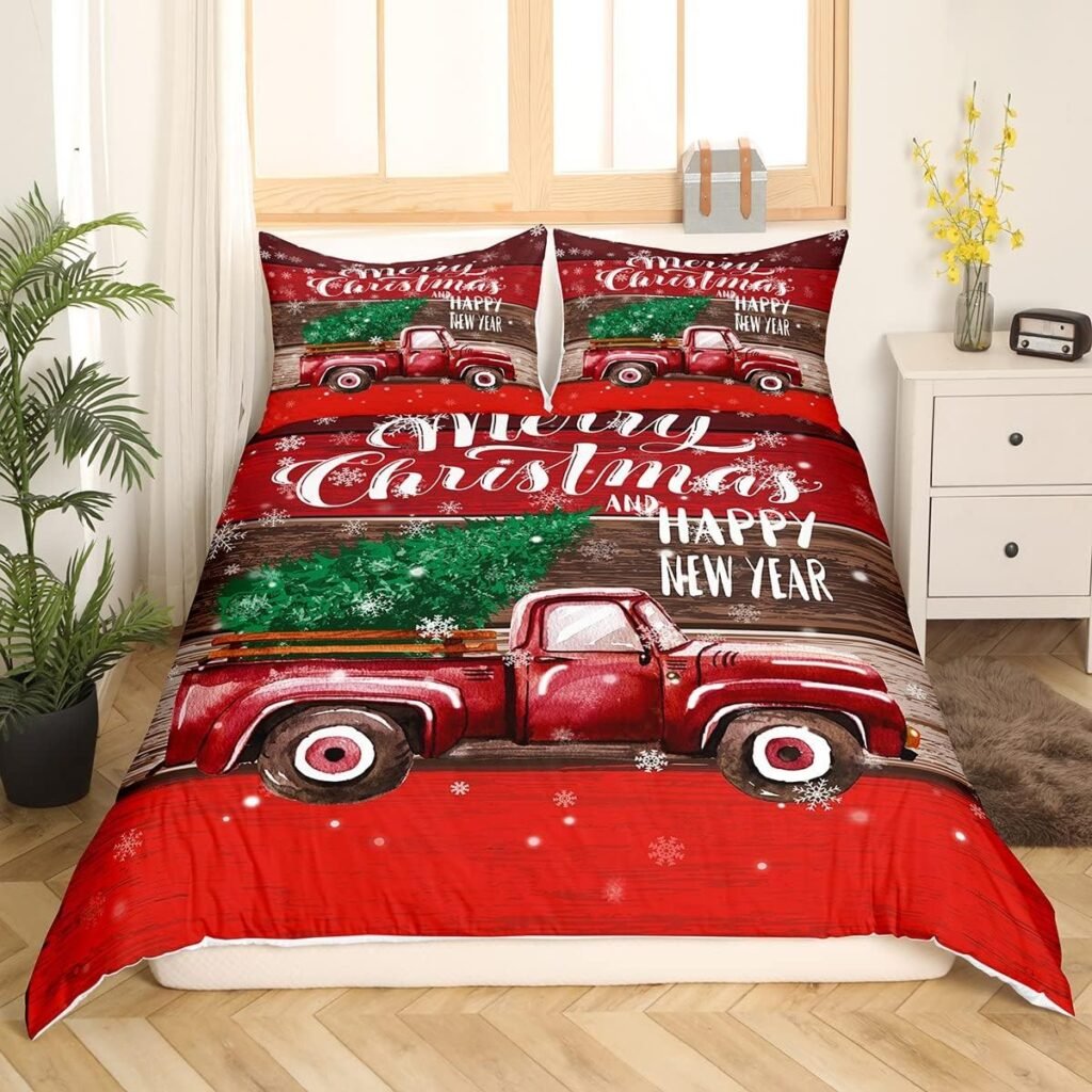 Merry Christmas Bedding Set Queen Size Red Farm Truck Green Pine Tree Soft Decorative Bedclothes for Boys Girls Bedroom Decor Snowflakes Wooden Stripes Plaid Comforter Cover with 2 Pillowcases